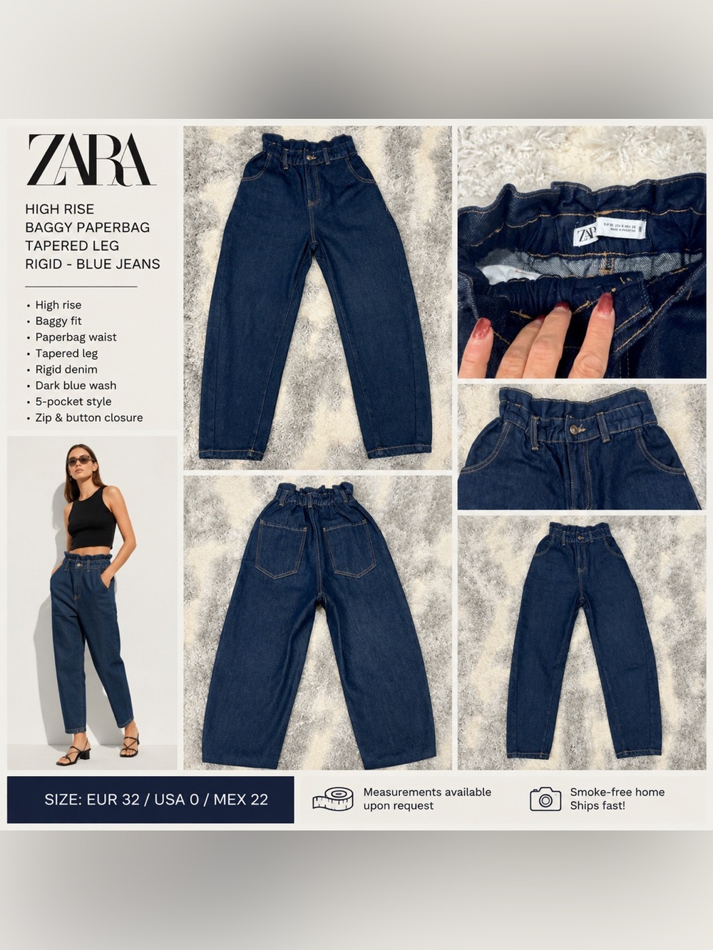 ZARA High Rise Baggy Paperbag Tapered Jeans Dark Blue Size 0